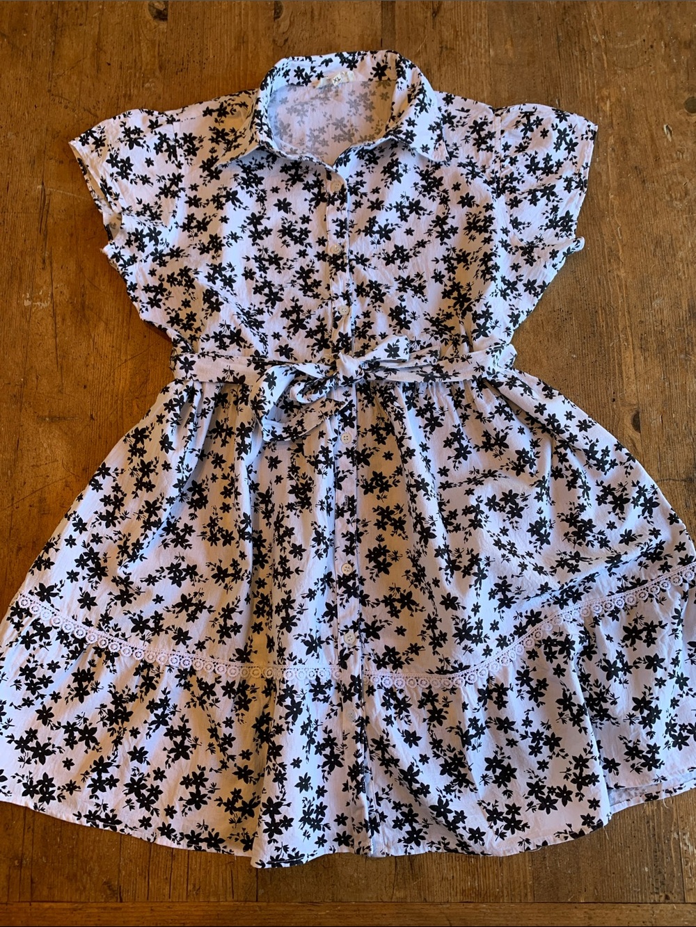 Black & White Floral Midi Dress with Tie Waist